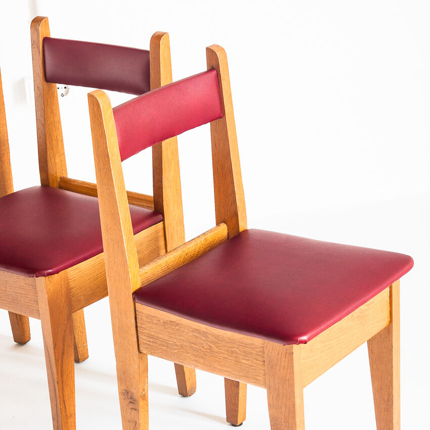 Set of 4 vintage oak wood and Eskai chairs, France 1960.