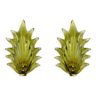 Pair Barovier & Toso Style Modern Italian Murano Glass Leaf Sconces