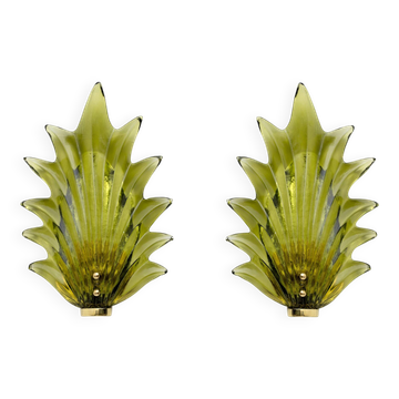Paire d'appliques murales Barovier & Toso style moderne italien en verre de Murano à motif de feuilles