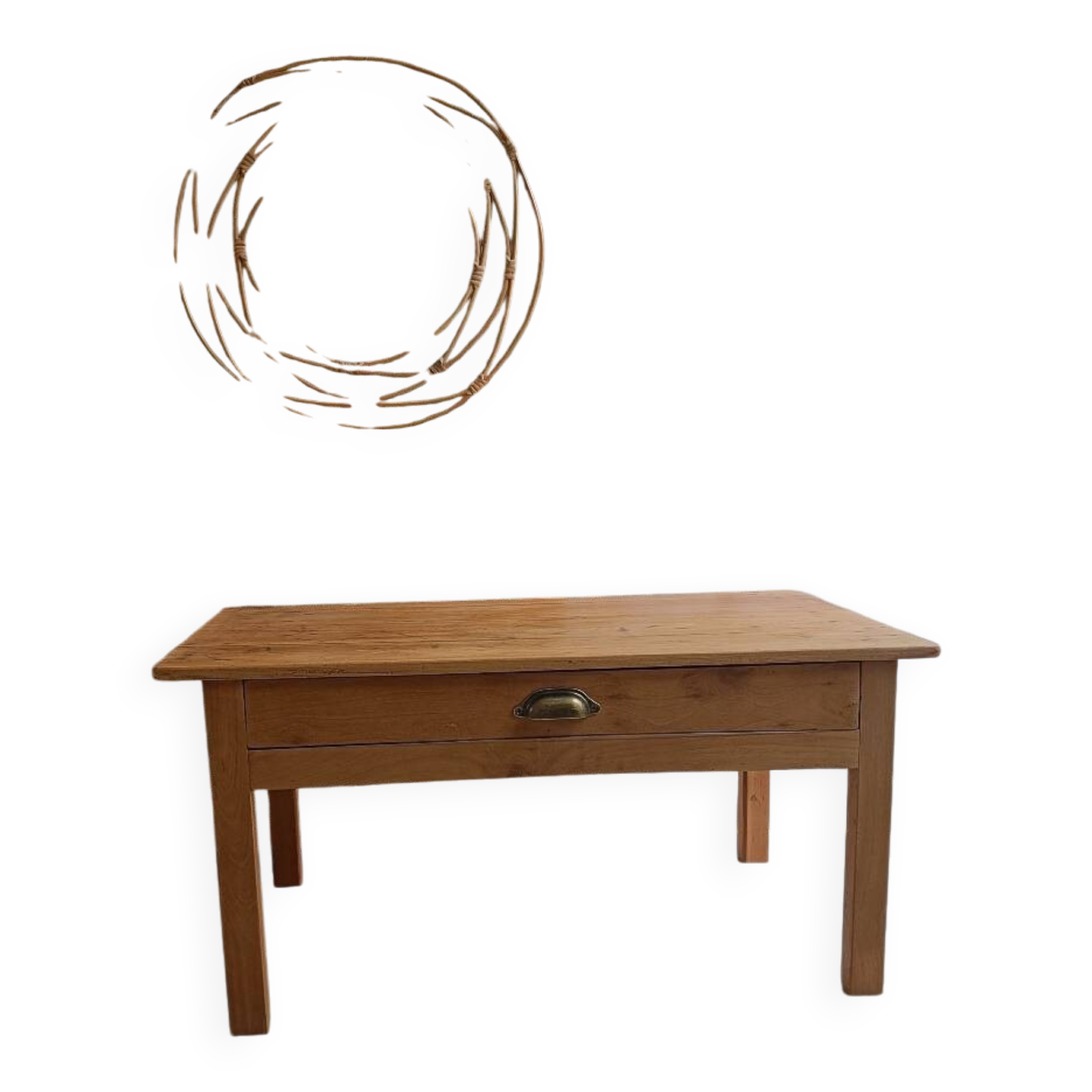 Coffee table with raw wood and a large drawer.