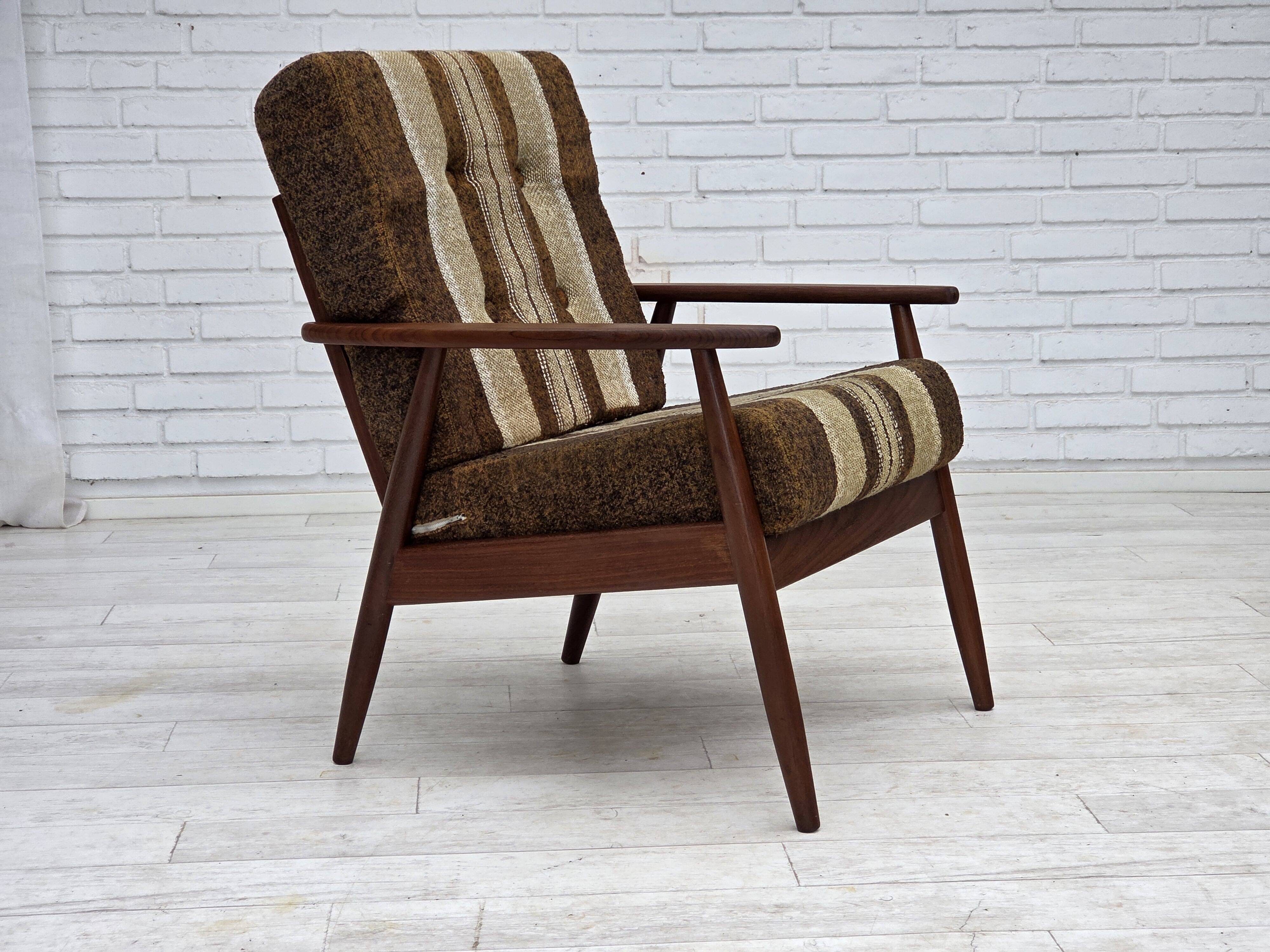 1970s, Danish armchair, teak wood, furniture wool fabric.