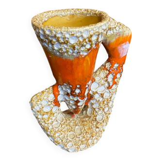 Vintage vallauris fat lava ceramic vase yellow & orange foams