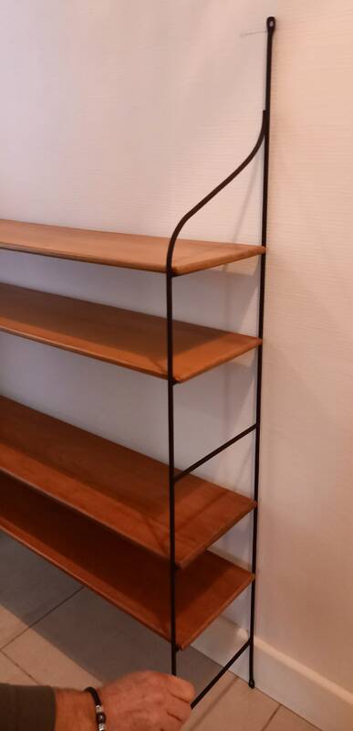 Vintage metal and solid wood string style wall shelf.