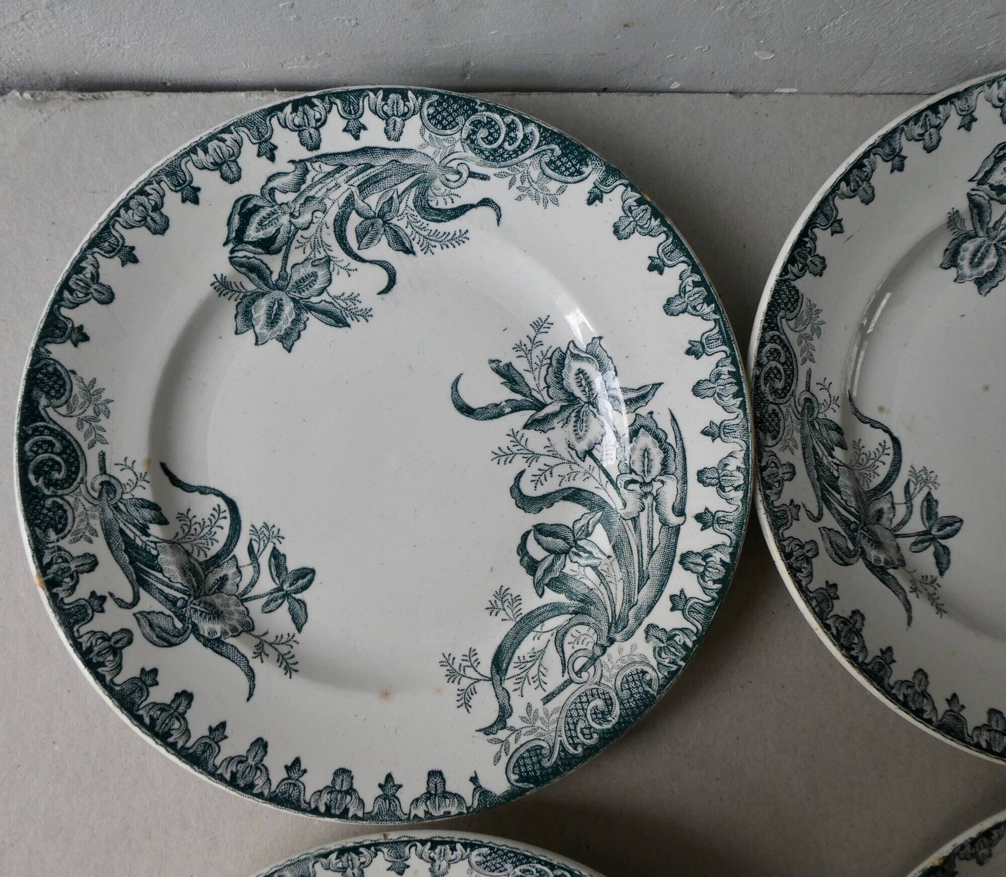Lot of 6 flat plates Saint Amand Amand in Amandinoise, décor Iris, 1900