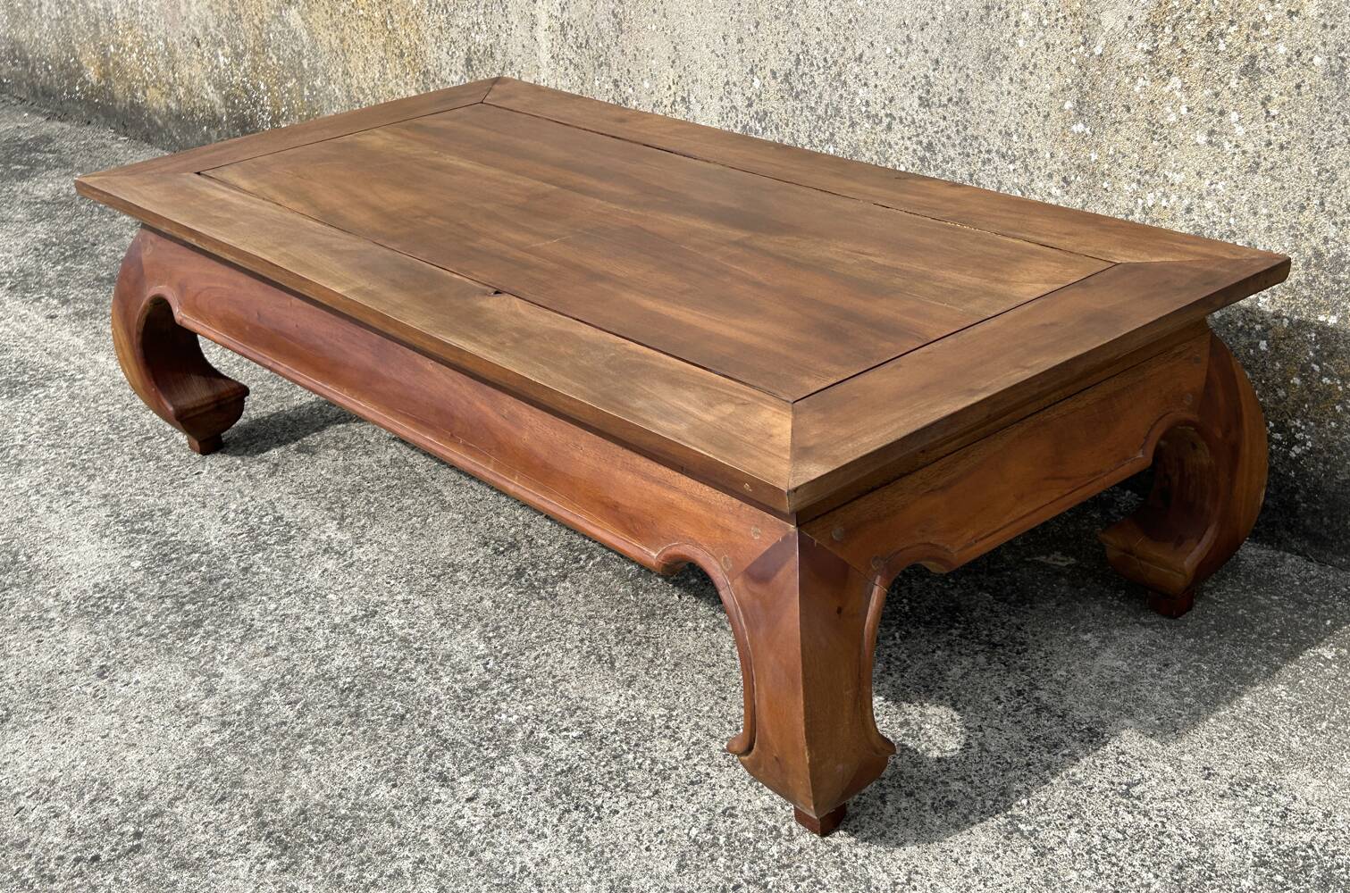 Large solid teak opium coffee table, elephant legs