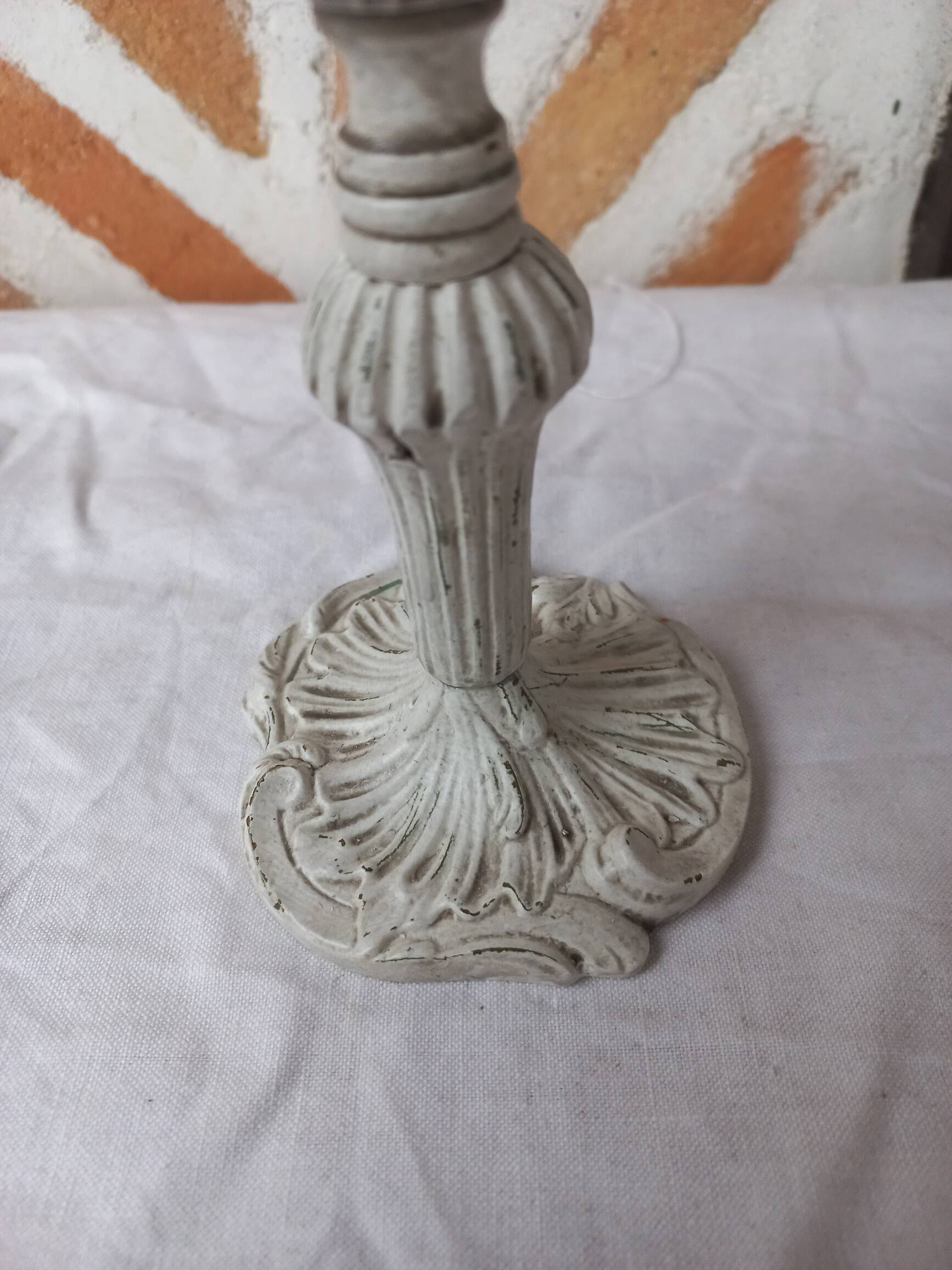 Candlestick holder patinated white gray