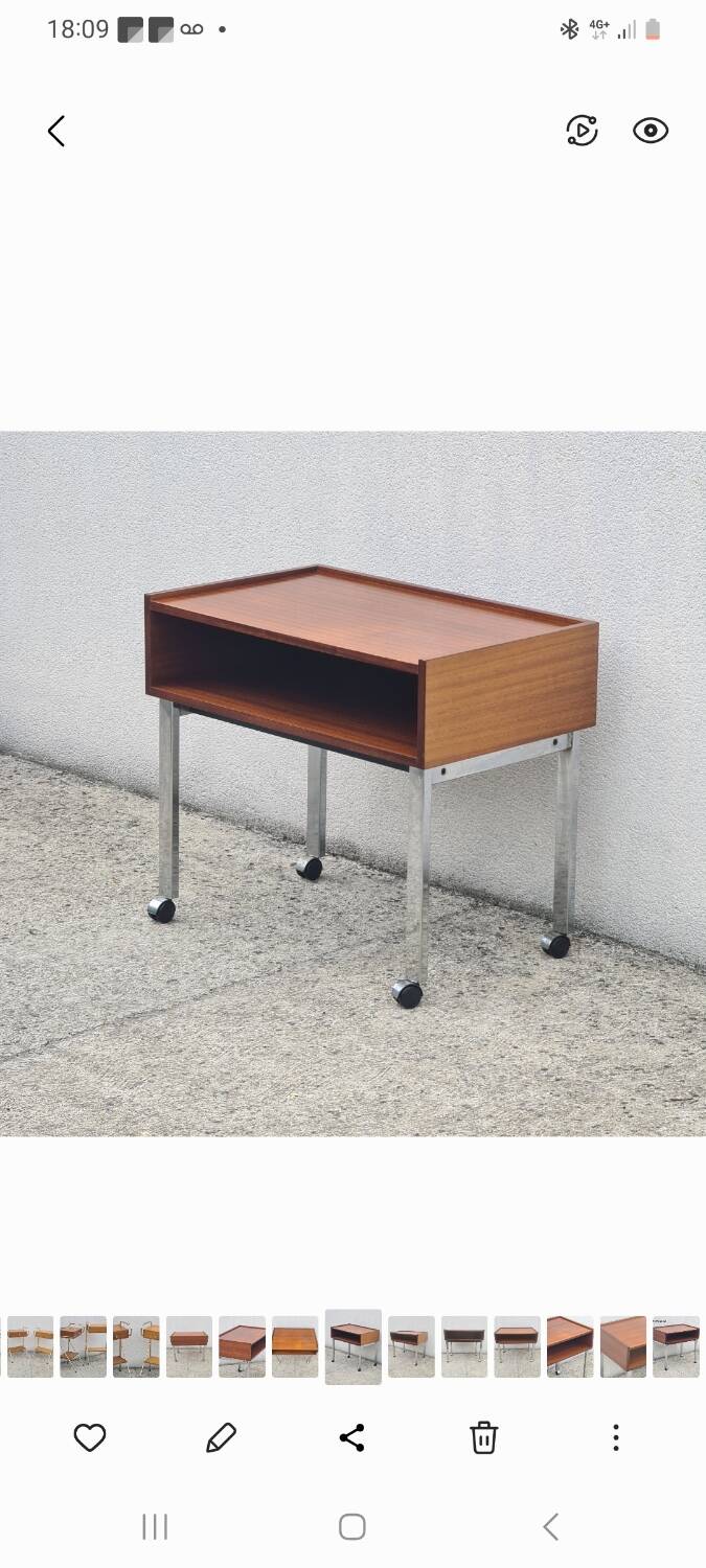 Meuble Hi-fi, desserte, d'appoint sur roulettes, teck vintage 1960