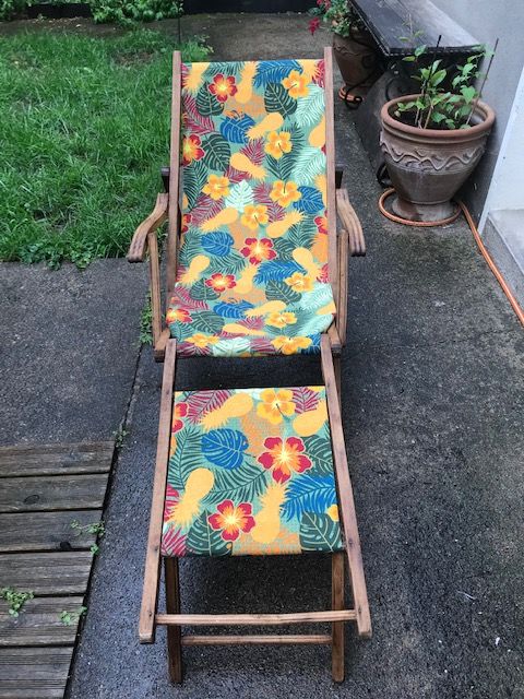 Former Chilean lounge chair deckchair wood and canvas 1930s/1940s