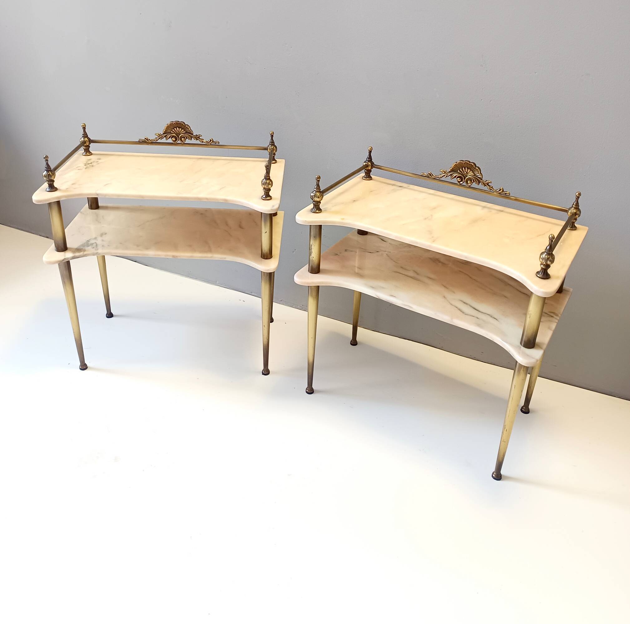 Pair of Nightstands / Console Tables with Marble Tops and Brass Legs, Italy