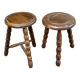 2 tripod stools in turned solid wood, Charles Dudouyt style, 1960.