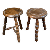 2 tabourets tripodes en bois massif tourné style Charles Dudouyt 1960