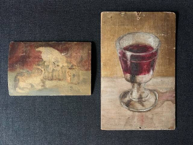 Small old signed painting, scene of cats, oil on panel, 1900