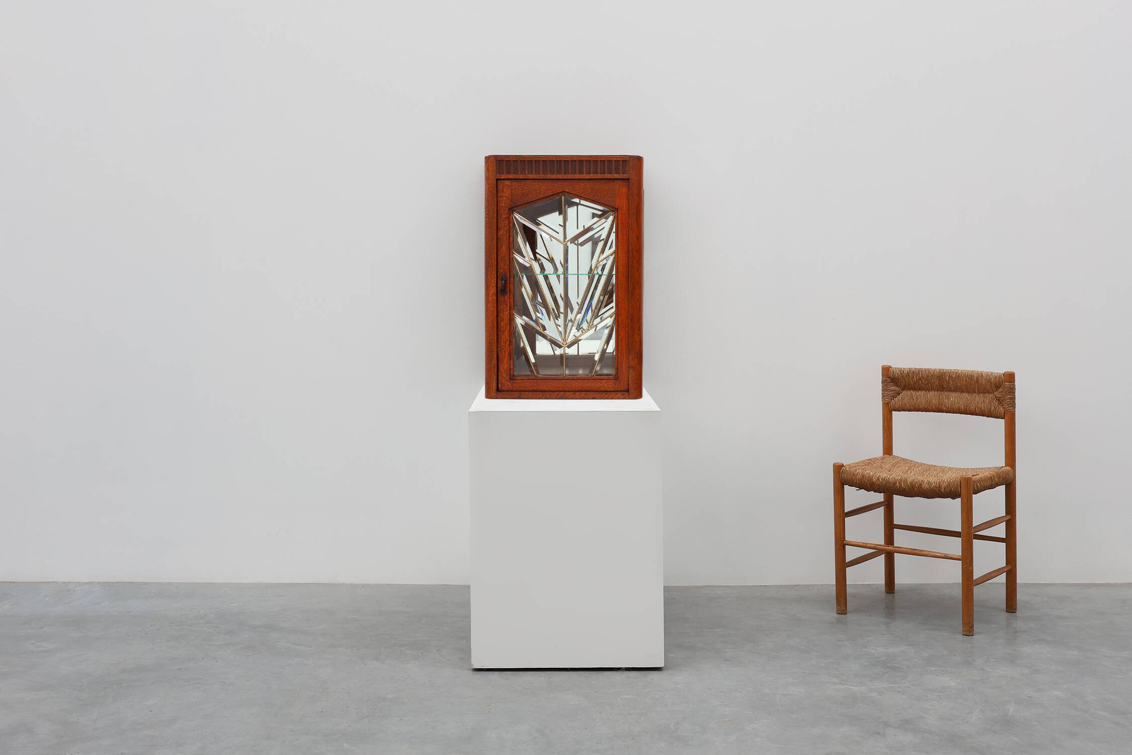 French Art Deco Oak Cabinet with Beveled Leaded Glass, ca. 1920
