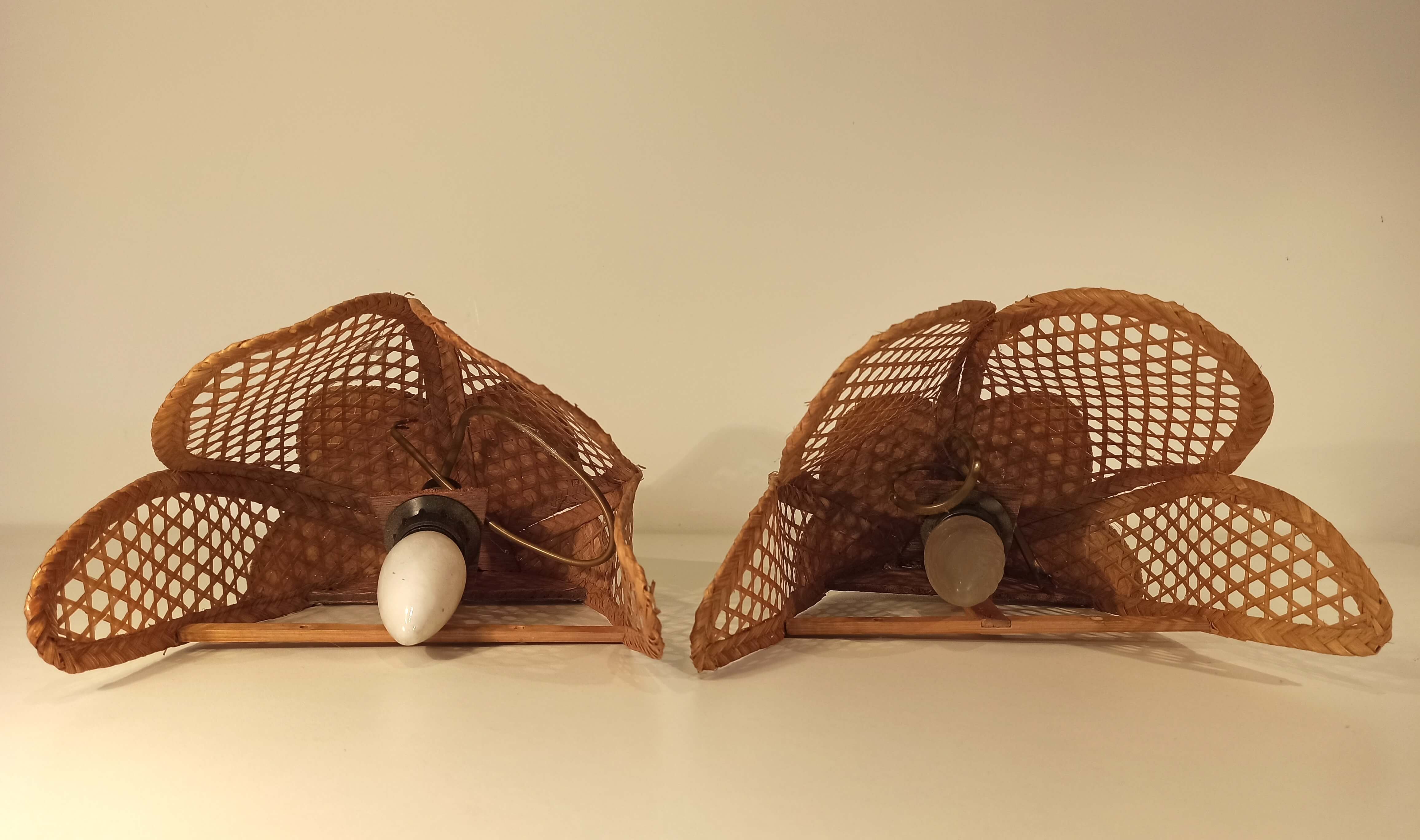 Pair of vintage 1960 wicker wall lamps and cannage half flower shape