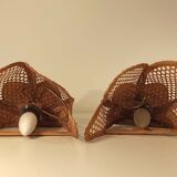 Pair of vintage 1960 wicker wall lamps and cannage half flower shape