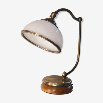 Lampe  reglable laiton  avec  socle bois et opaline  avec cerclage 39x33