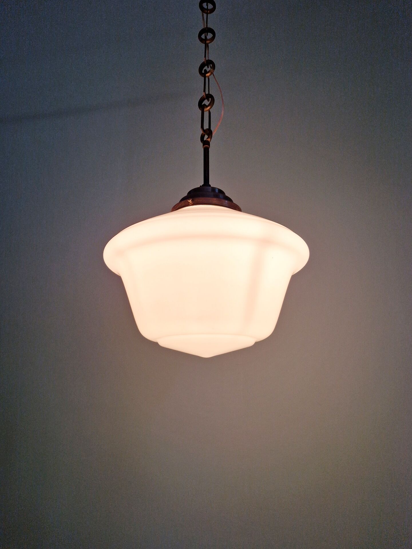 Large Art Deco pendant light in white opaline, 1930.