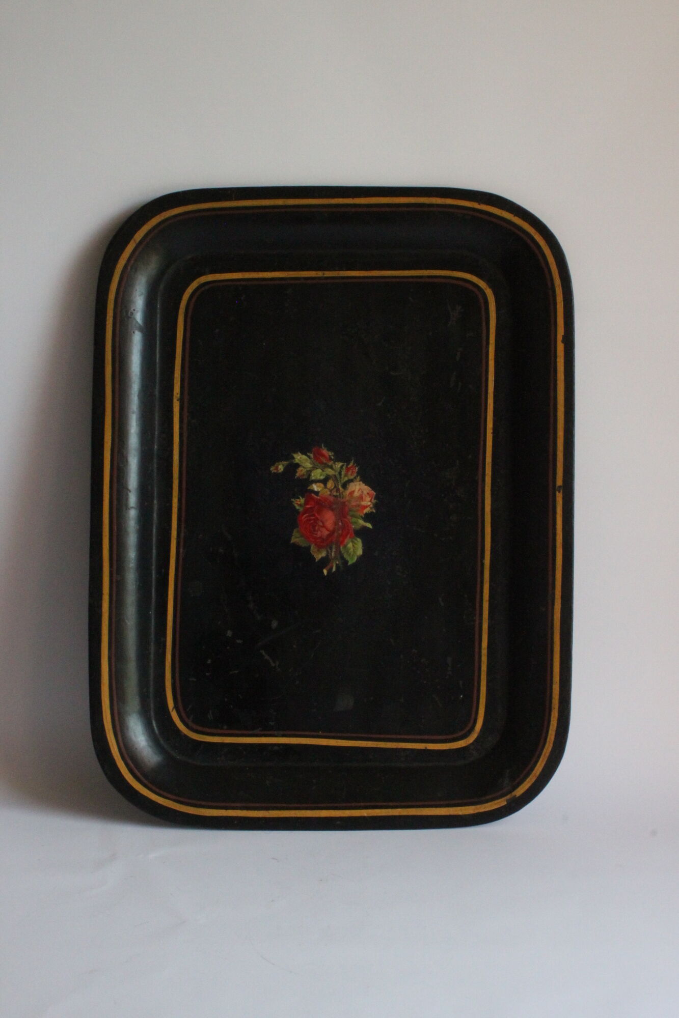 Black toleware painted metal serving tray 19th century