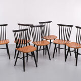 Set off 7 spindle back dining chairs, 1960s