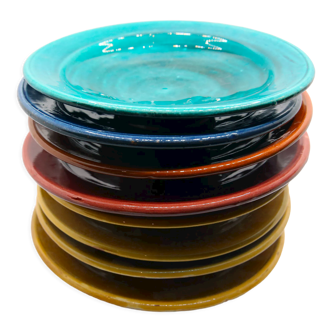 Set of 8 multicolored Moroccan plates in glazed clay