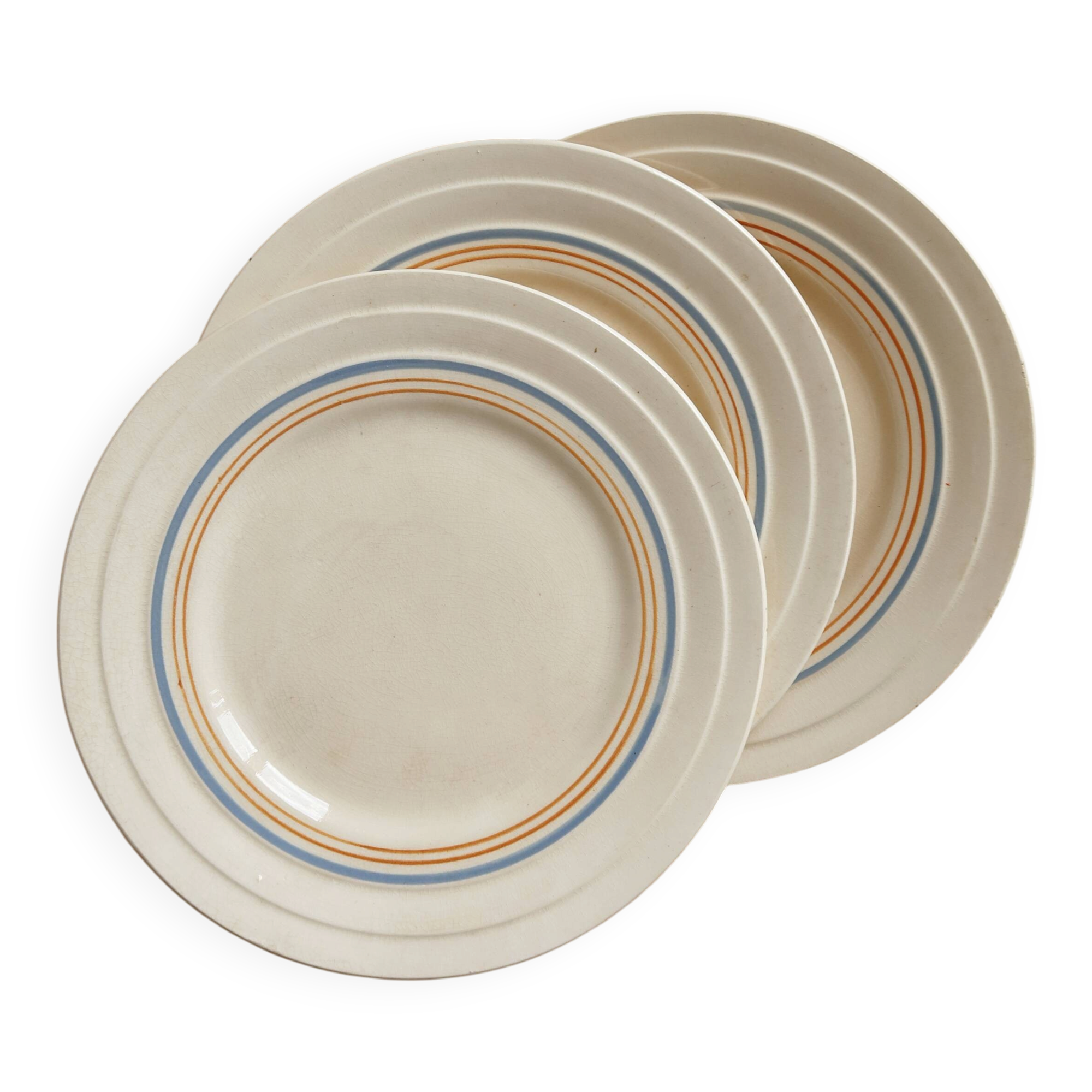 Ivory ironstone dessert plate – Pale blue and orange borders