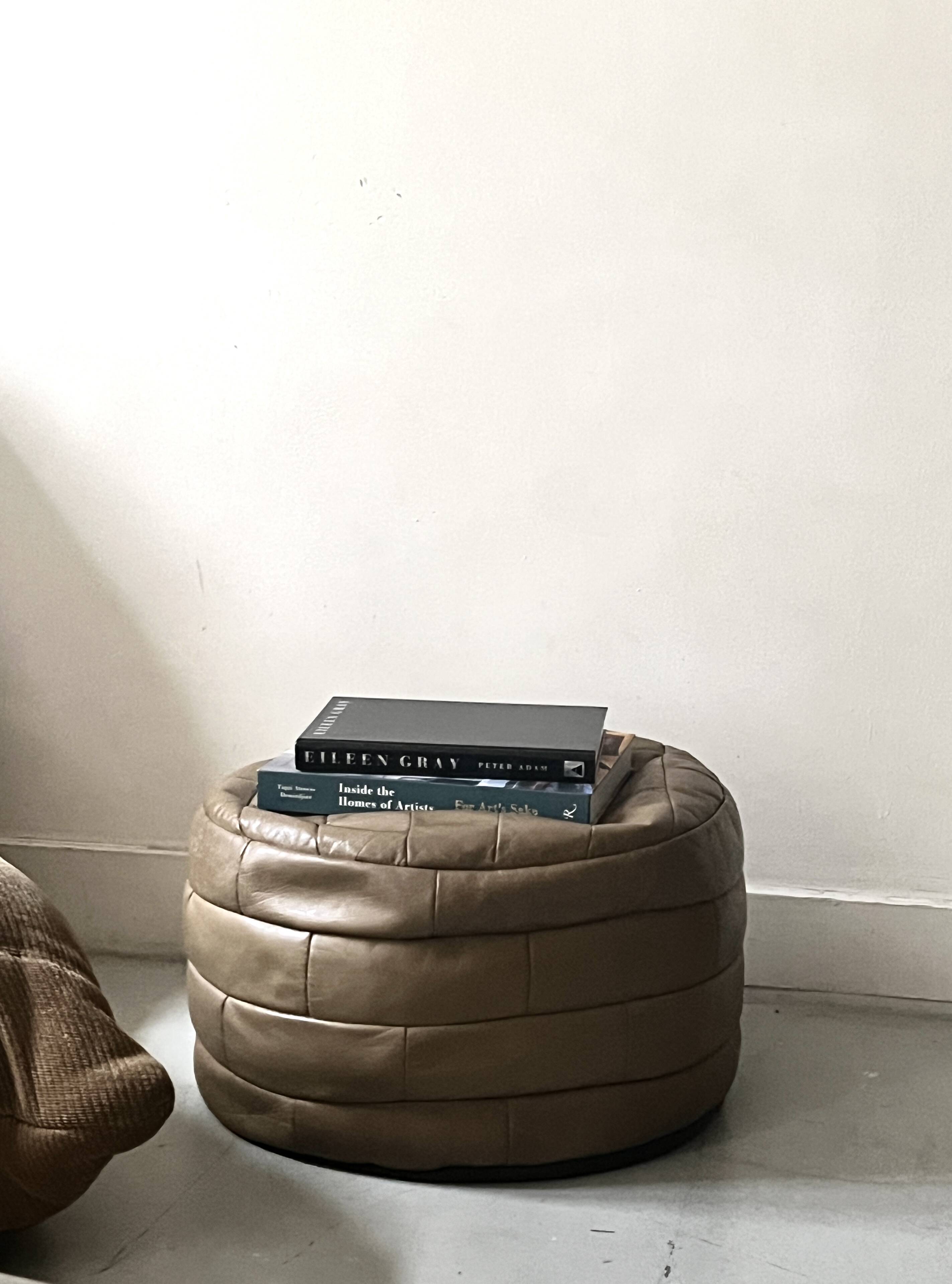 Beige genuine leather patchwork pouf, 1970s design