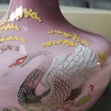 Japanese opaline vase in old pink tones. Swan decoration and polychrome floral motifs.