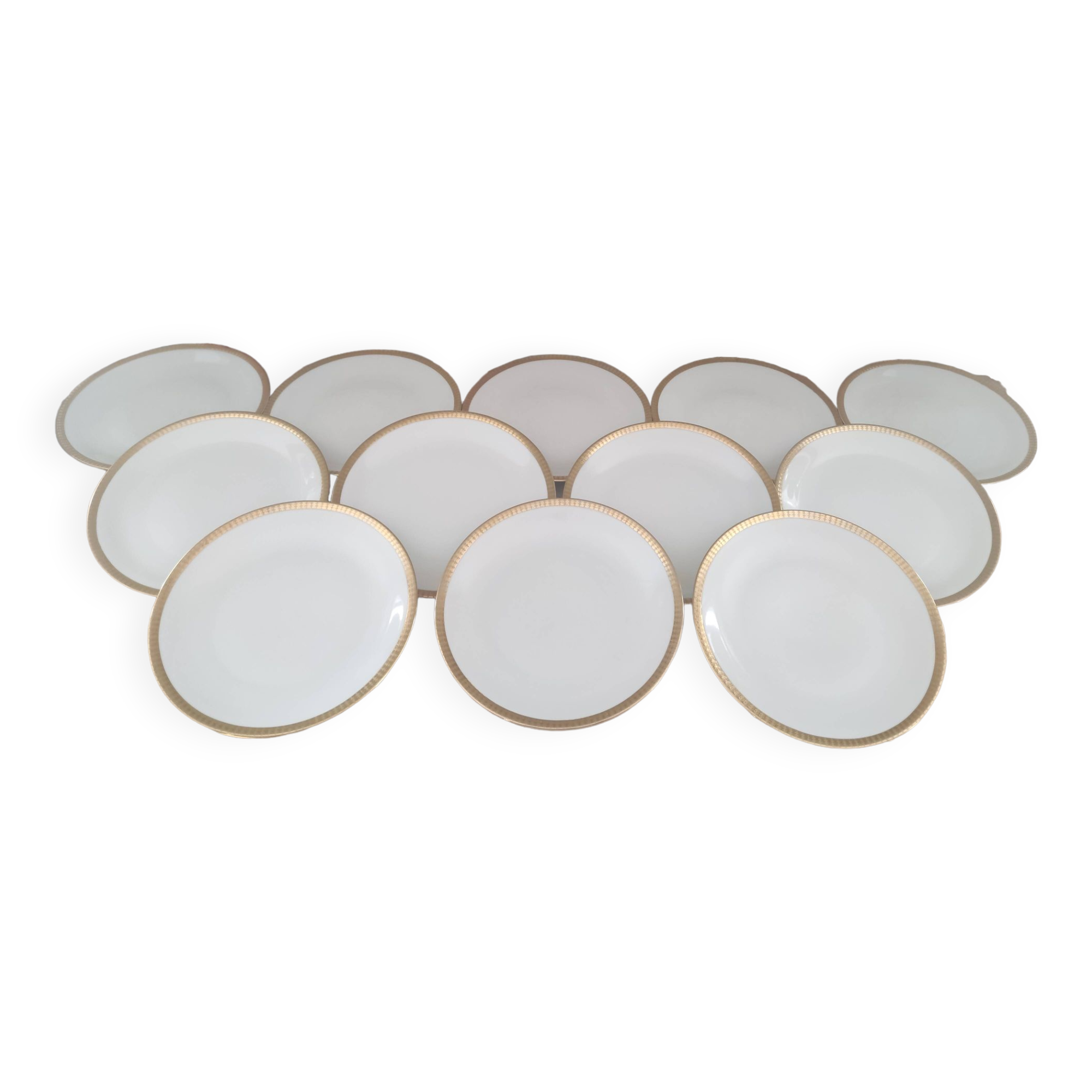 Lot de 12 assiettes plates en porcelaine blanche Euro Porcelaine frise dorée