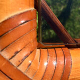 Bamboo pull-out table / leather and vintage glass