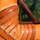 Bamboo pull-out table / leather and vintage glass