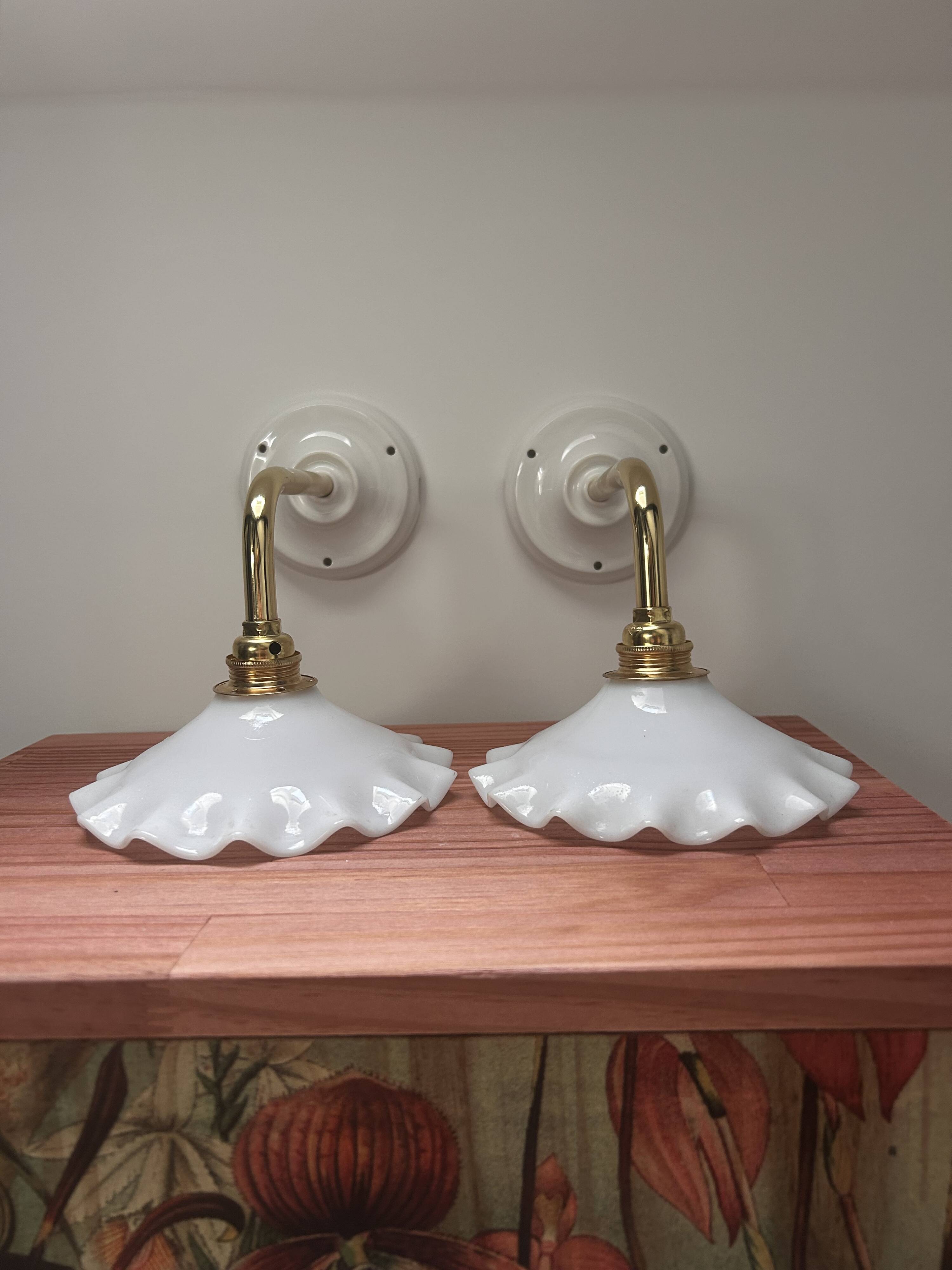 Pair: white opaline wall lights