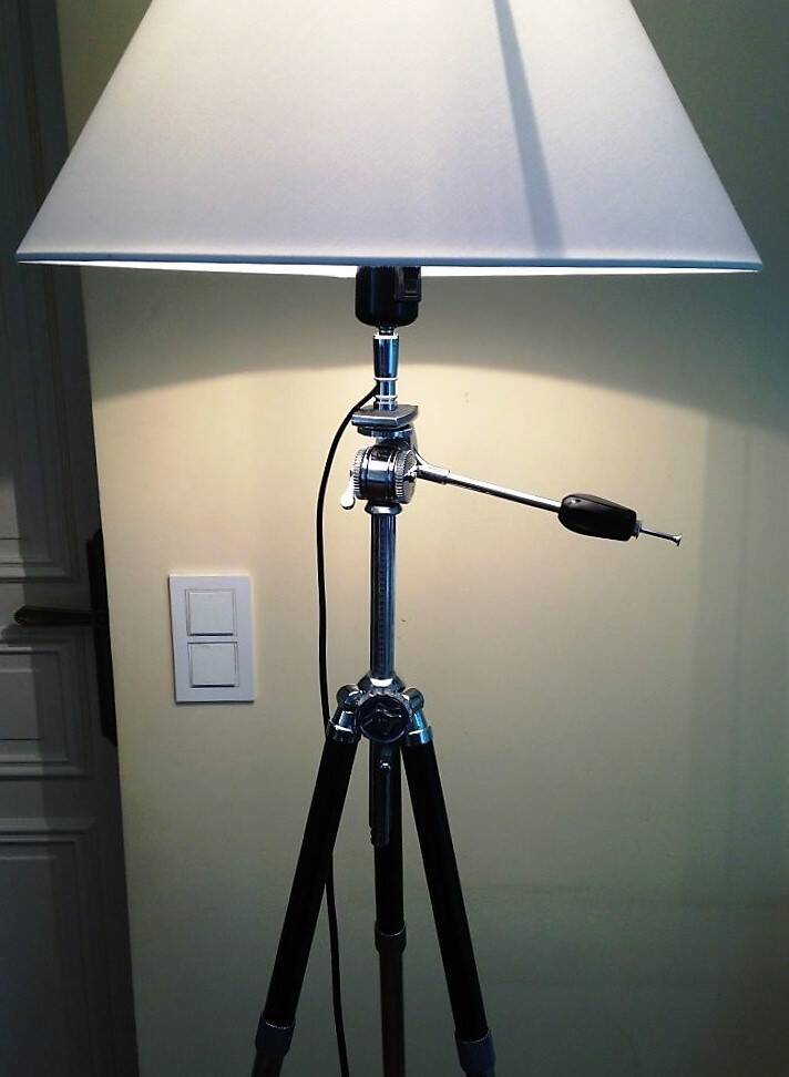 large floor lamp created with old black and chrome photo tripod