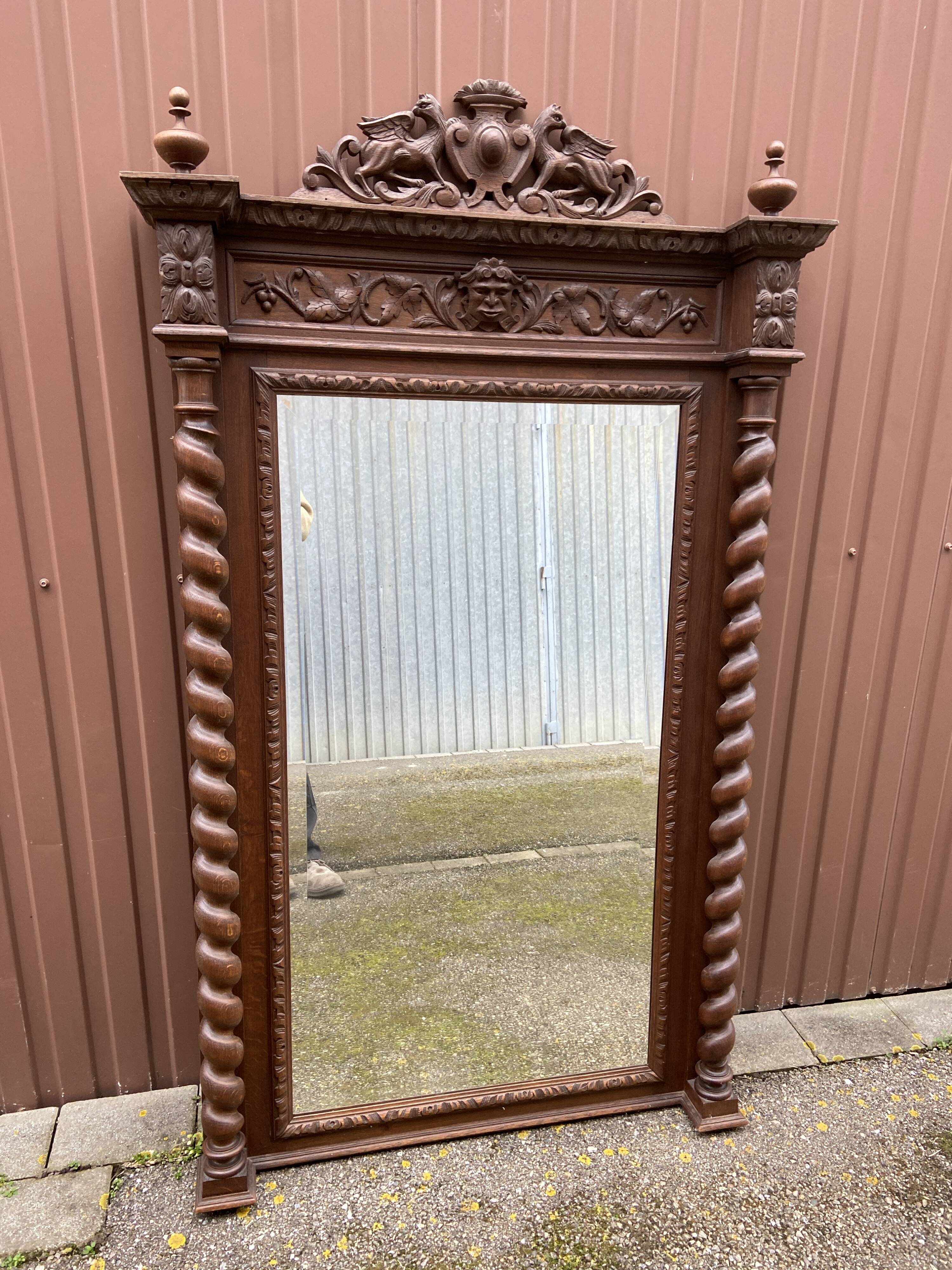 Renaissance style castle hunting mirror Louis XIII carved oak 1880