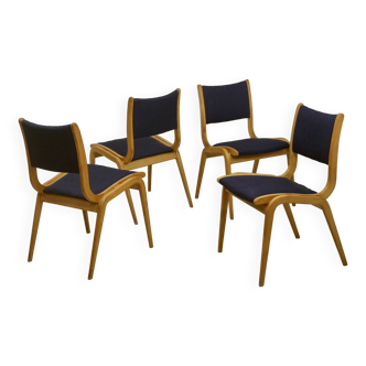 Set of 4 Scandinavian design curved wood chairs from the 60s.