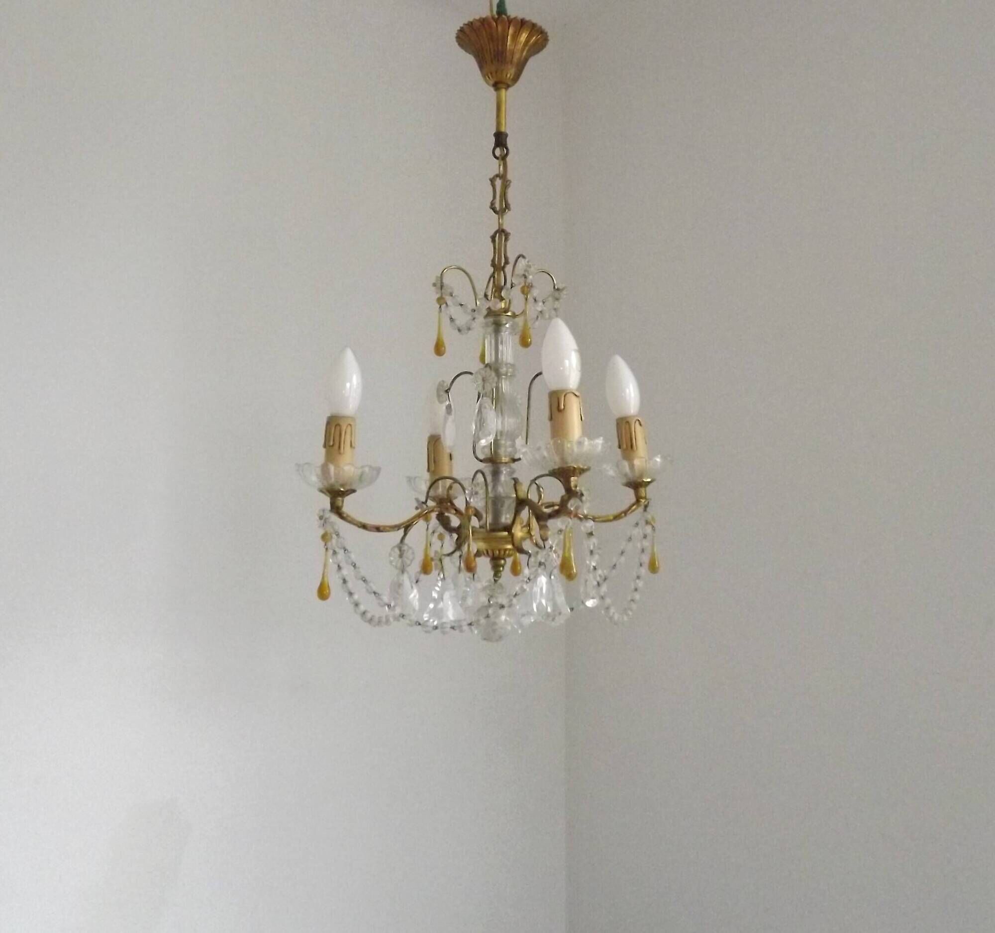 Vintage 4-Light Bronze, Glass & Crystal Chandelier with Amber Glass Drops