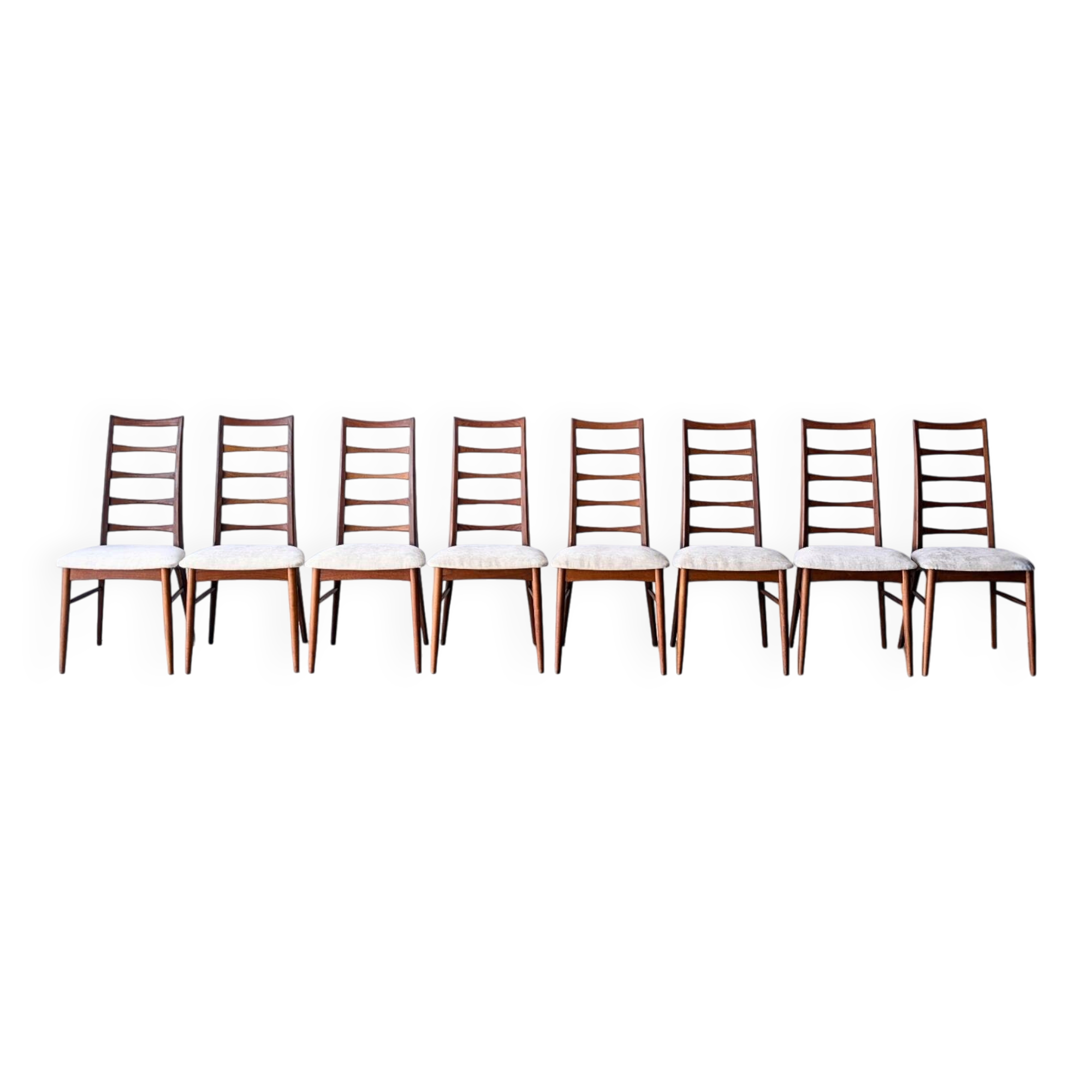 8 chaises vintage danoises teck modèle Lis, Niels Koefoed, 1960 1970
