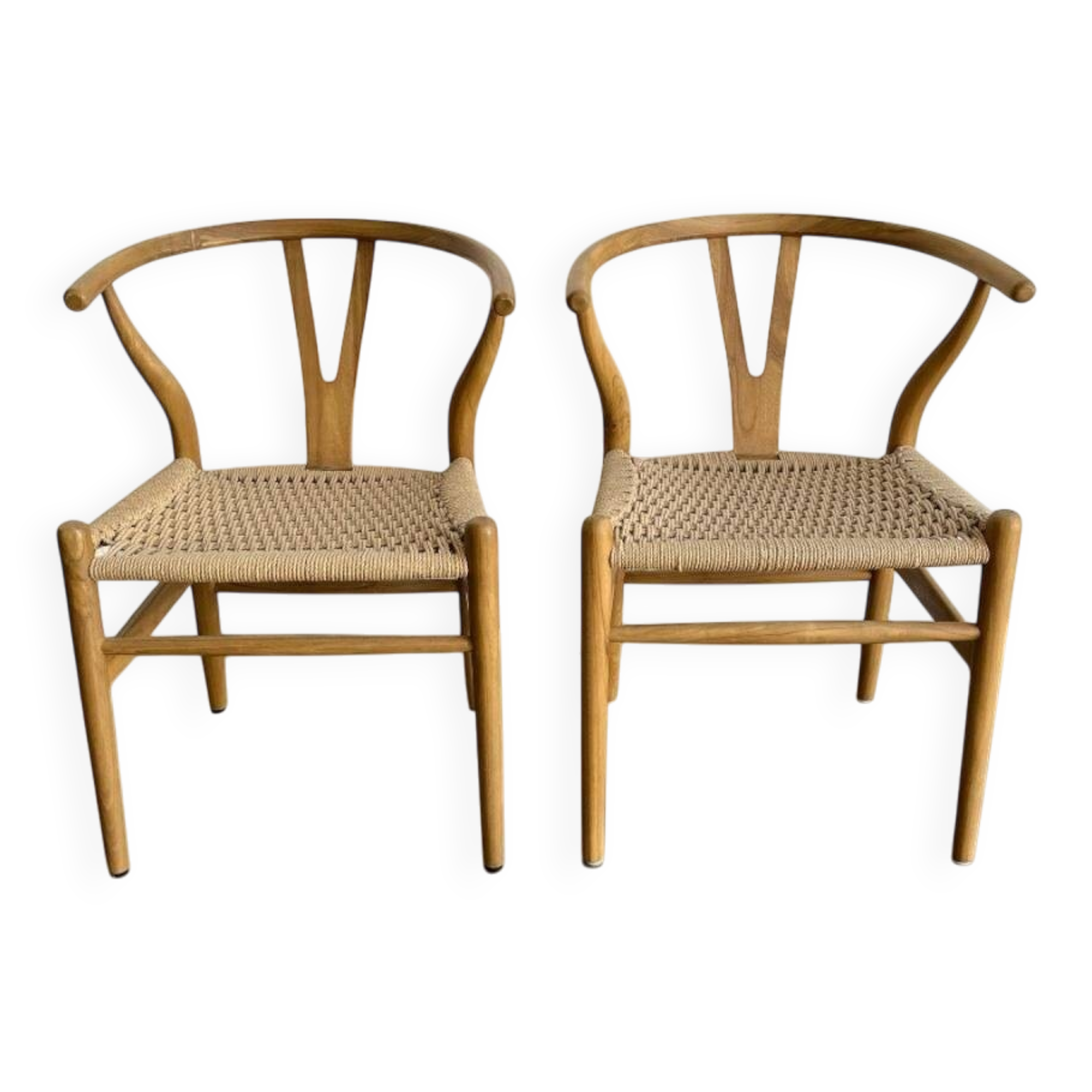 2 teak and rope dining chairs