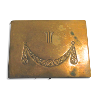 Stamp box in art deco, brass, decorated with floral garlands