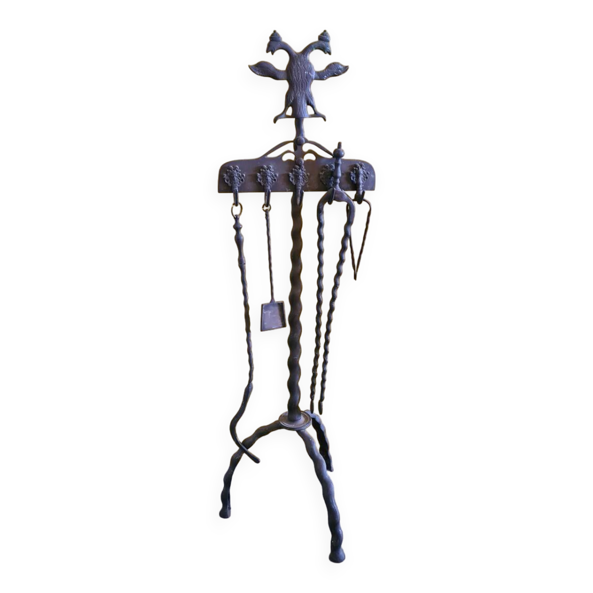 Dutch Brass Fireplace Set With Double Eagle Head, Late 19th Century