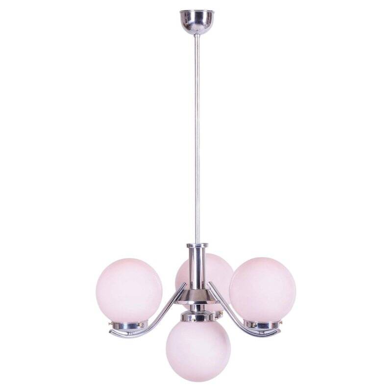 Art Deco Chandelier in Chrome-Plated Steel and Opal Glass, Czech, 1920s