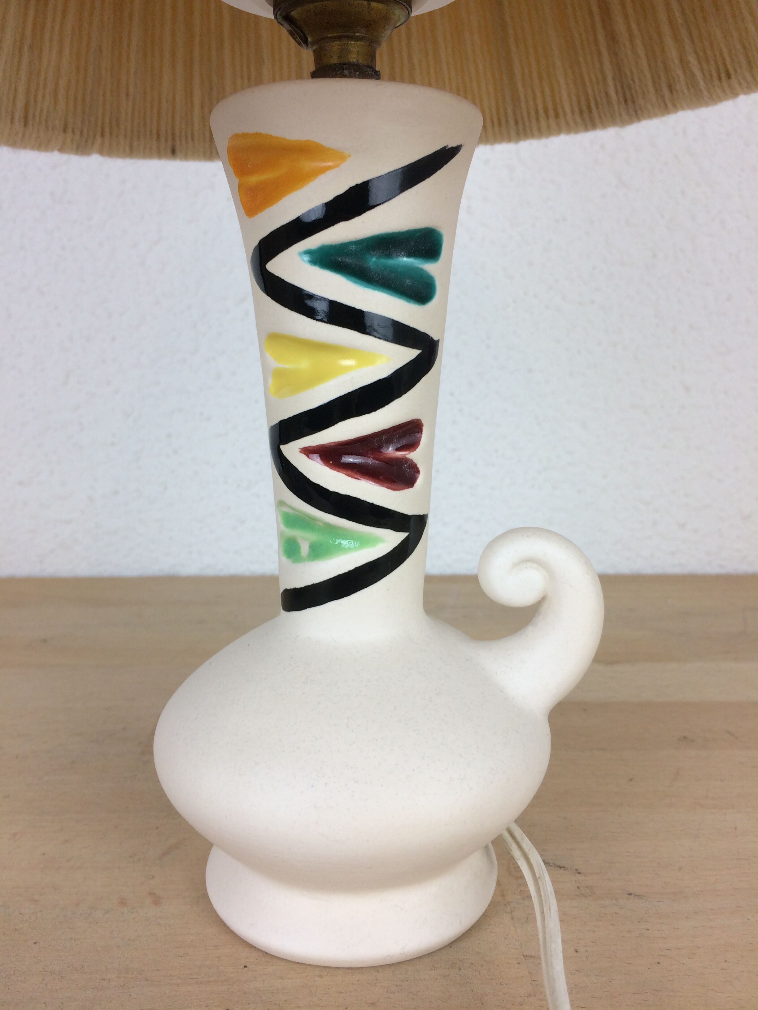 Ceramic lamp 60s and lampshade white wool