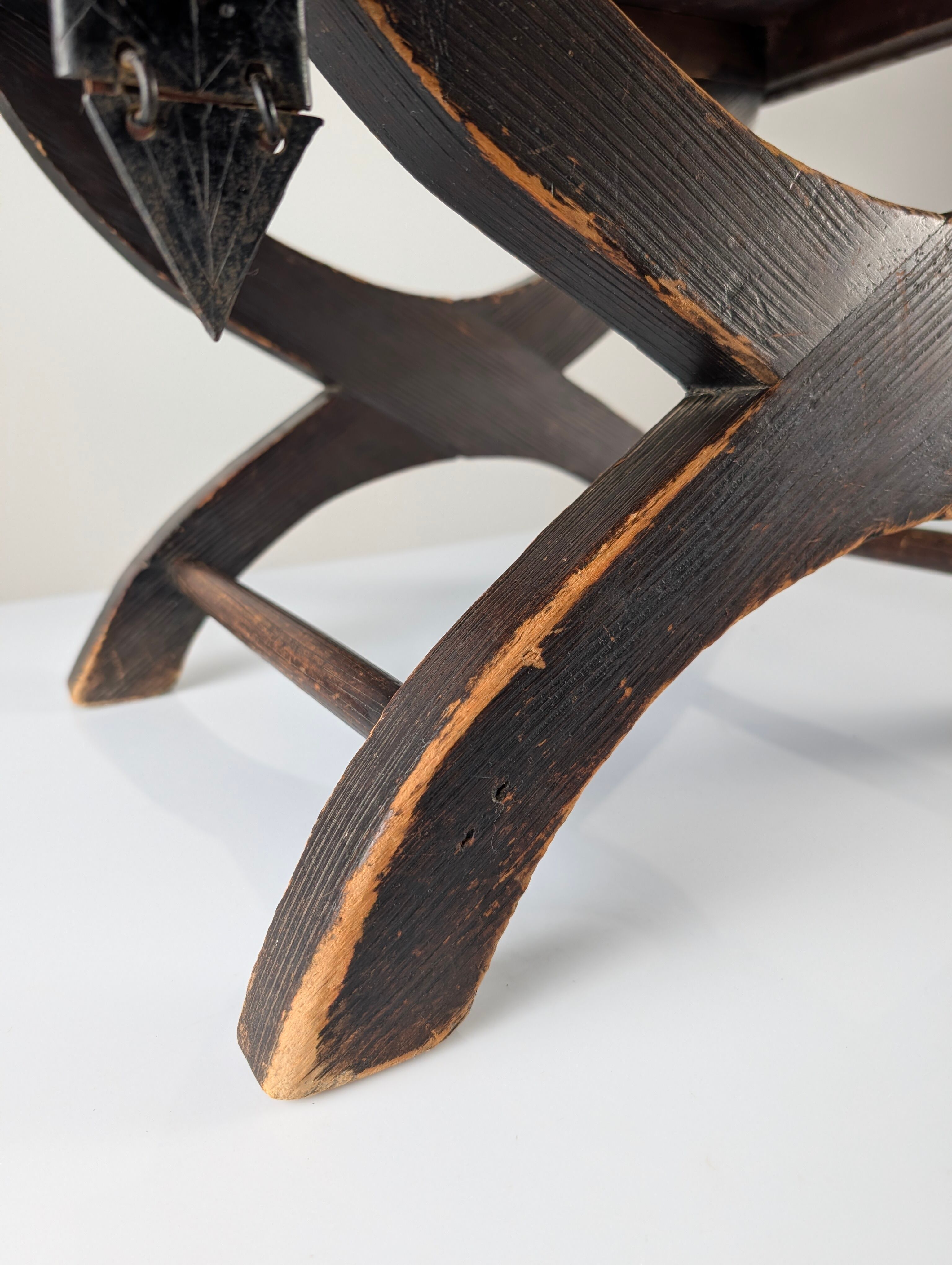 Colonial Curule Stool in Leather and Wrought Iron, Mexico, 1940s