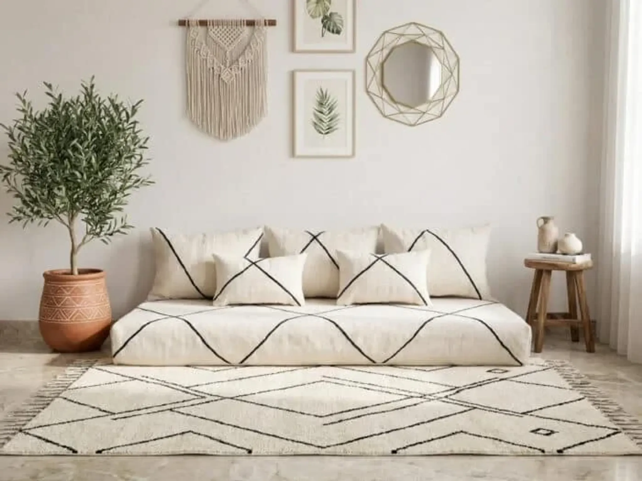 Moroccan floor sofa set in white wool