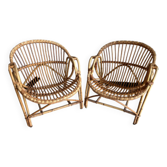 Fauteuils en rotin années 50.Paire de fauteuils
