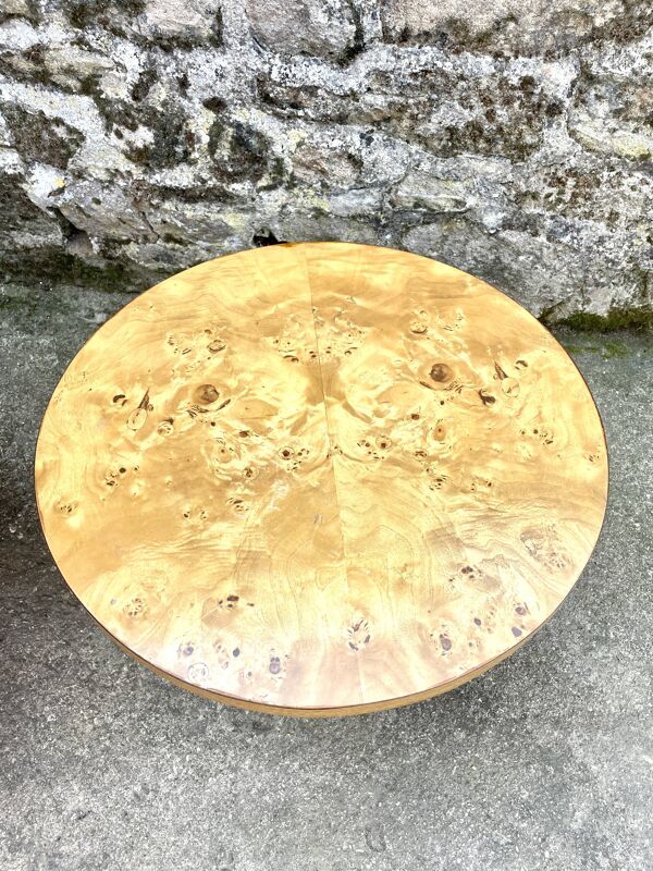 Paire de tables basses rondes, placage loupe 1980