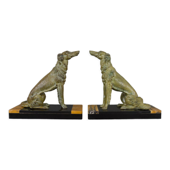 Pair of Art Deco bookends 2 greyhounds Marble base 1930