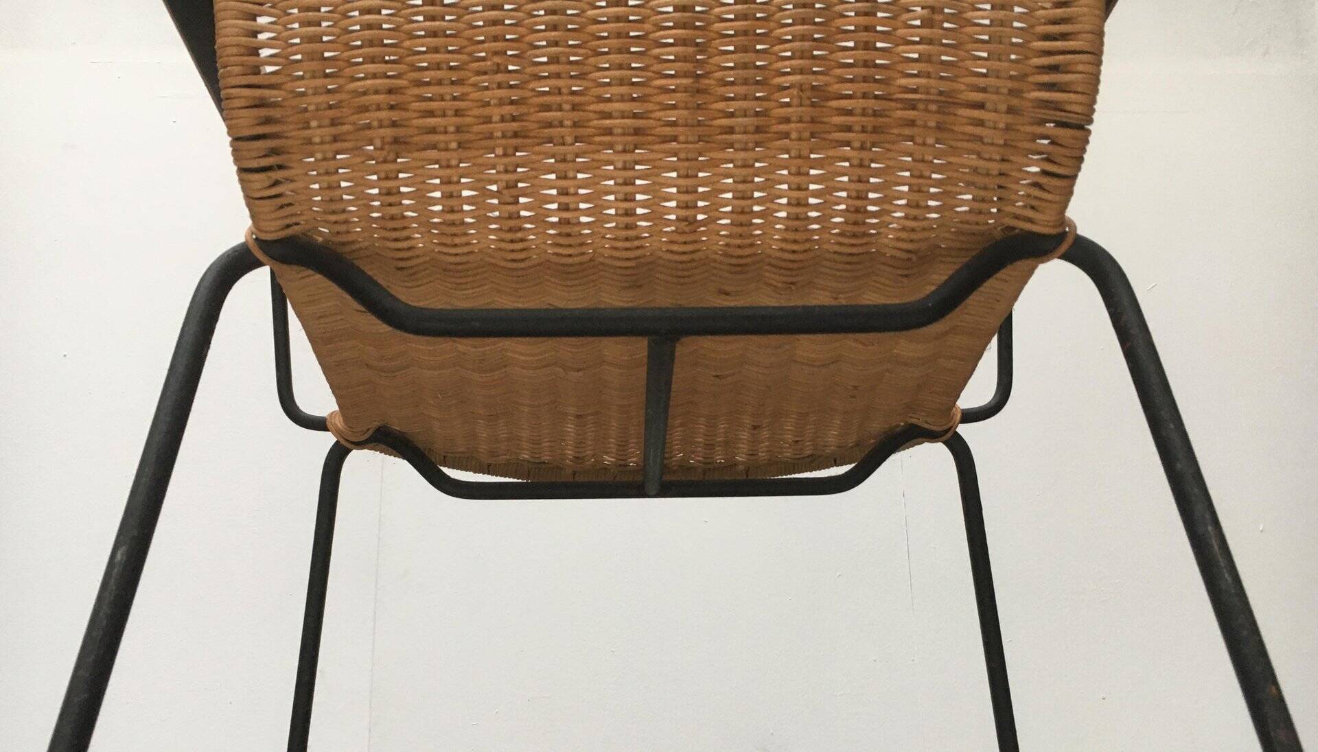 Mid-century metal and rattan dining chairs, set of 3.