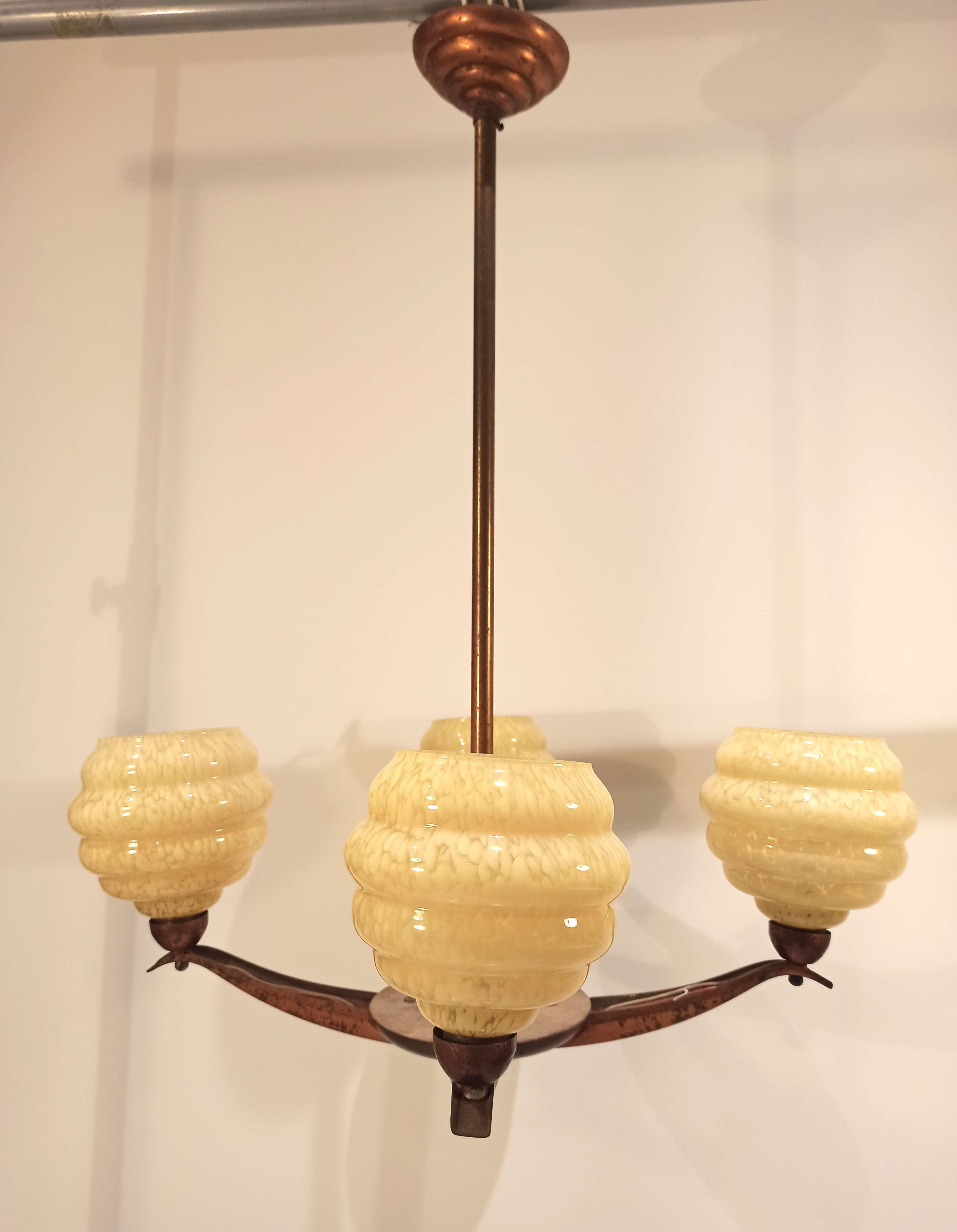 Art deco chandelier 4 globes clichy and copper glass