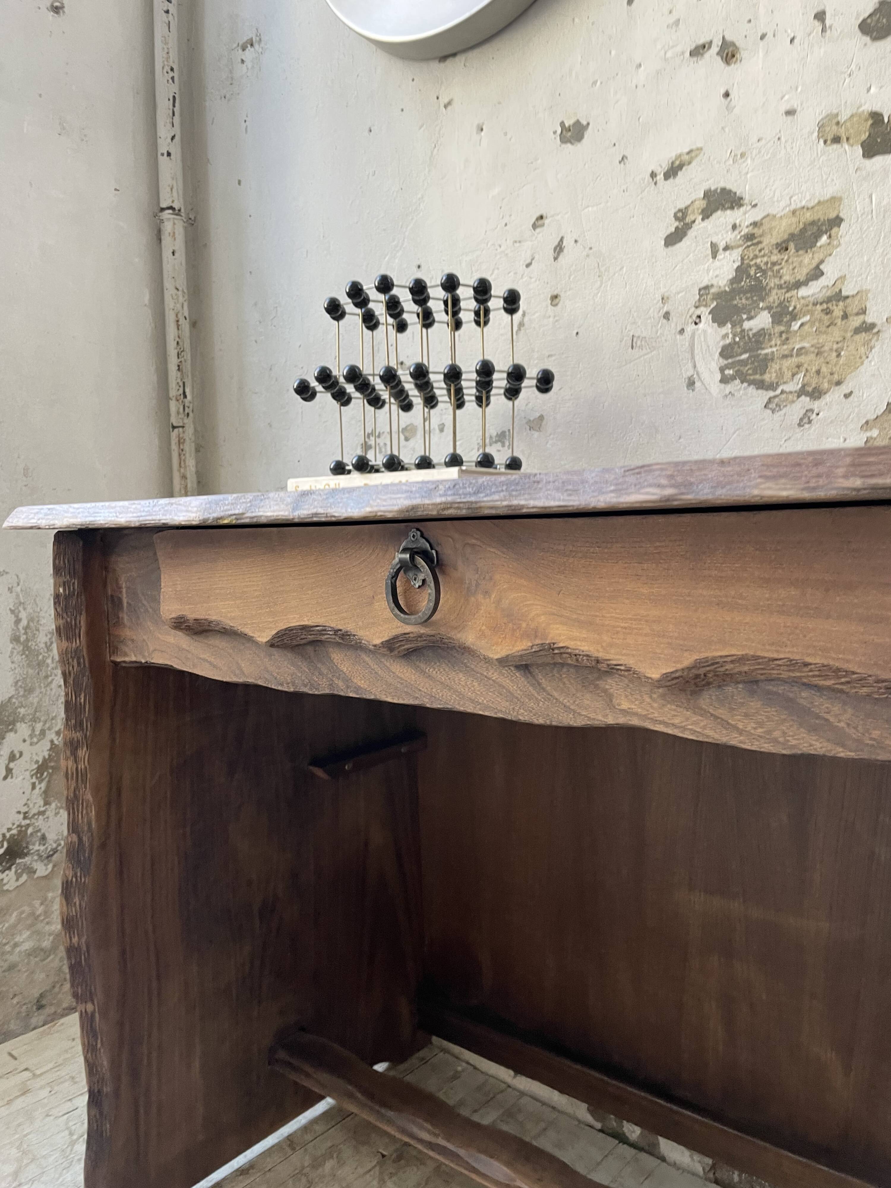 Brutalist desk in elm, signed Aranjou.