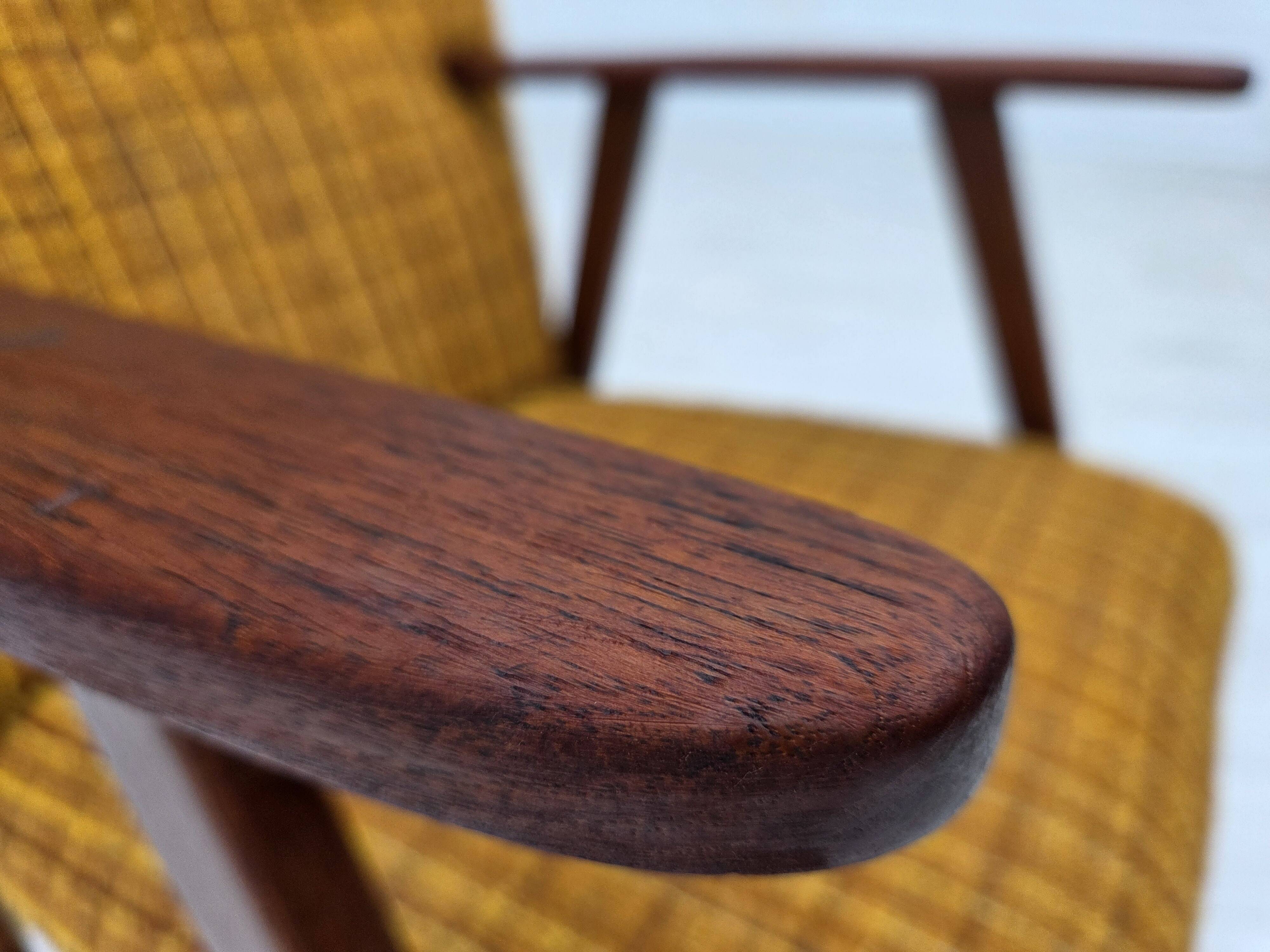 1960s, Danish armchair, furniture wool fabric, teak wood, oak wood.